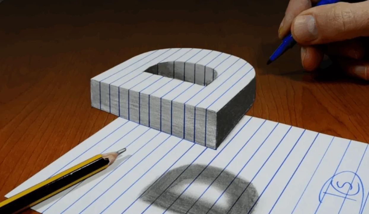 Ručne kreslená 3D ilúzia písmena na papieri s ceruzkou a rukou držiacou pero na vytvorenie efektu.