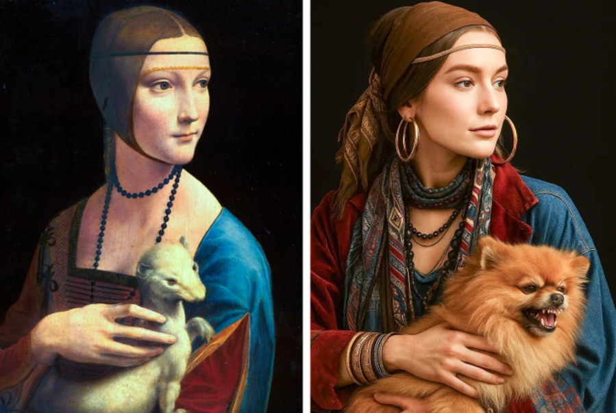 Portrét dámy s lasičkou a modernej ženy so psíkom, zobrazujúca kontrast medzi klasickým umením a súčasnosťou.