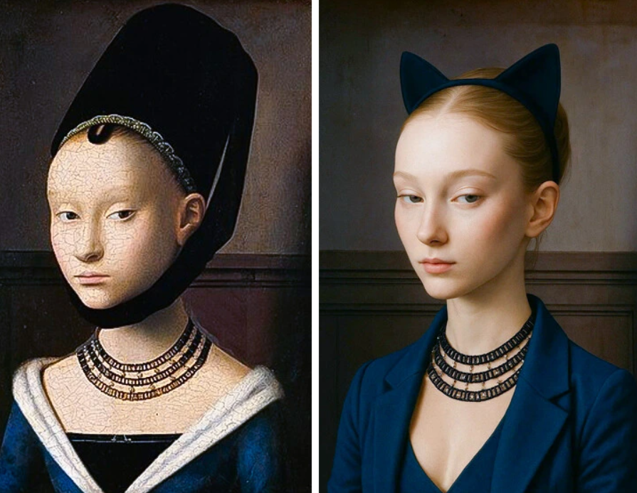 Historický portrét ženy vedľa modernej interpretácie s čelenkou s ušami, oba v modrej farbe s vrstvenými náhrdelníkmi.