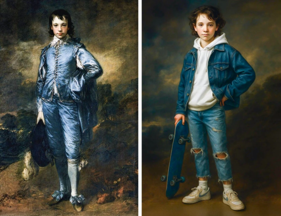 Dvojica portrétov: historický chlapec v modrom obleku a moderný chlapec v rifliach s skateboardom.