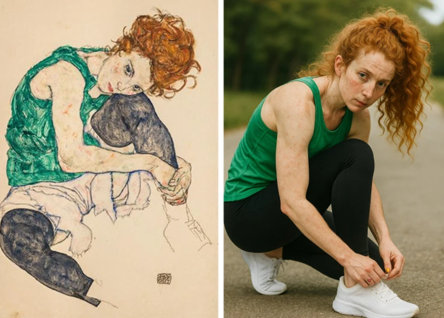 Porovnanie portrétu ženy v zelenom tielku s modernou fotografiou v podobnej póze.