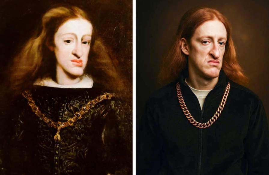 Portrét muža zo starého maľby a jeho moderný dvojník s dlhými vlasmi a výrazným retiazkovým náhrdelníkom.