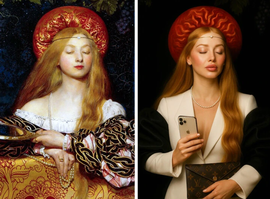 Portrét ženy z minulosti vedľa jej moderného vyobrazenia s mobilom a luxusnou kabelkou.