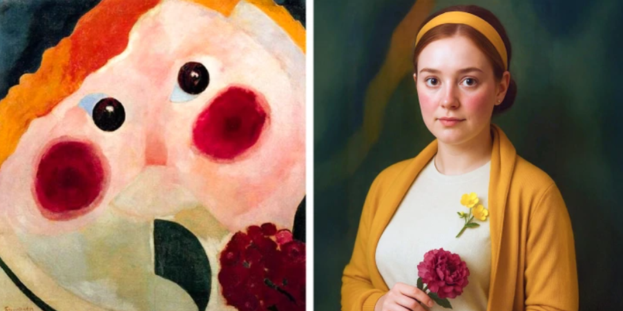 Portrét ženy inšpirovaný moderným umením s červenými lícami, kvetom vo vlasoch a žltým oblečením.