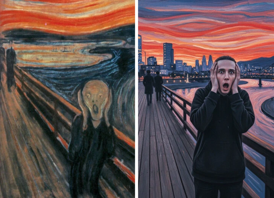 Osoba na moste napodobňuje výkrik z obrazu Edvarda Muncha, moderné pozadie so západom slnka a mestom.