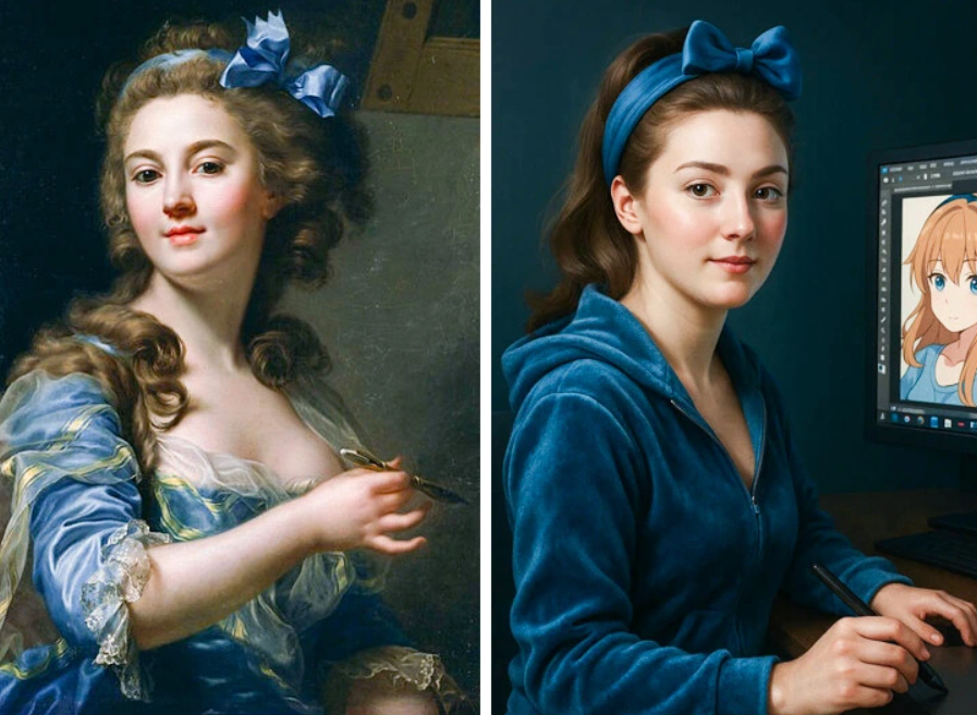 Portrét ženy v modrých šatách vedľa modernej ženy pri počítači s podobným vzhľadom.