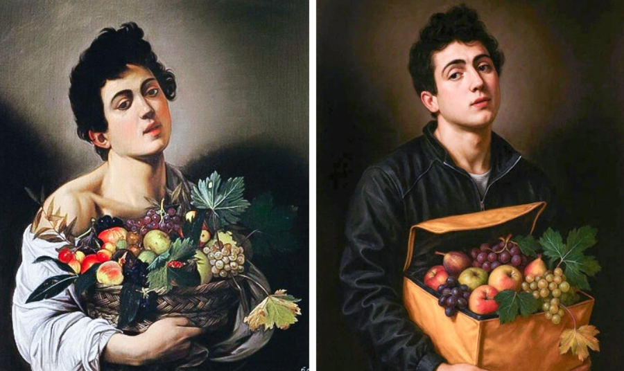 Muž drží kôš s ovocím, vedľa neho moderný muž s krabicou plnou ovocia, inšpirované klasickým umením.