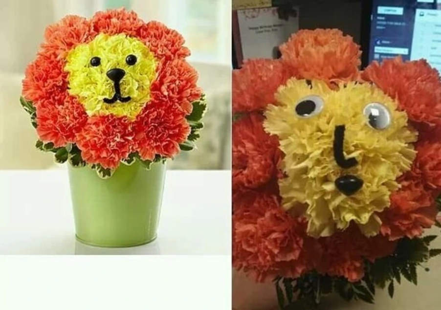 Vľavo kvetinový aranžmán v tvare leva v zelenom kvetináči, vpravo nesprávna verzia.
