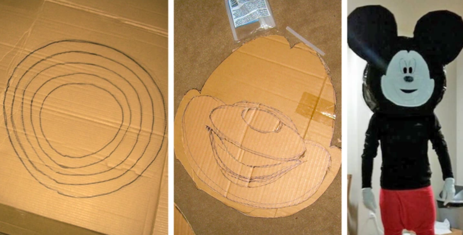 Kartonová maska: kreslenie kruhov, výrez vzoru, finálny kostým s hlavou postavy z kartónu. Kreatívna ručná výroba.