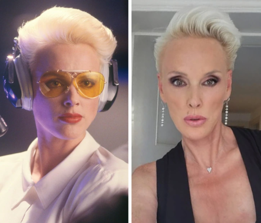 Dvojica portrétov ženy: Naľavo s retro slúchadlami, napravo s moderným makeupom.