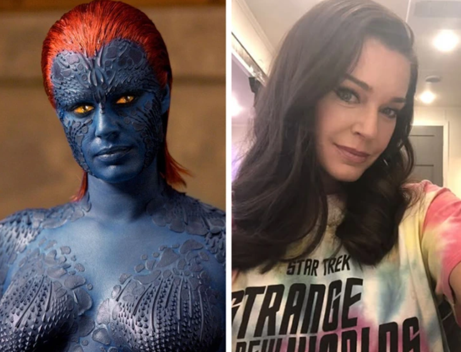 Loď postava vo filme a osoba v civile. Modrá pleť a premeny verzus bežné oblečenie a úsmev.