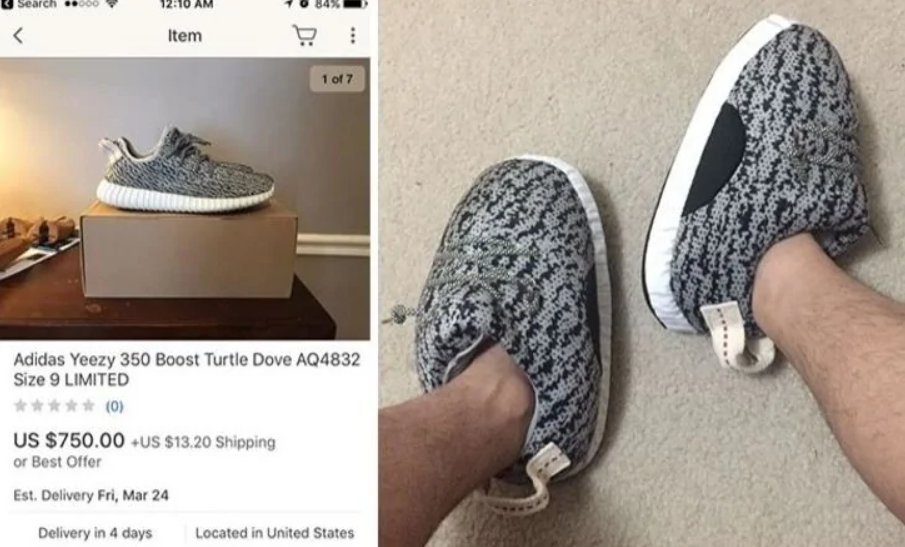 Fotka ukazuje topánky Adidas Yeezy 350 Boost na krabici a podobné papuče na nohách.