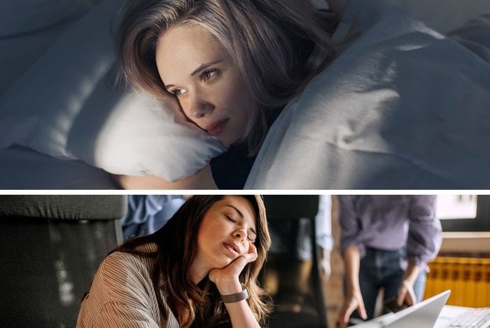 Horný obrázok zobrazuje ženu ležiacu v posteli v noci, dolný ju ukazuje spať pri stole v kancelárii cez deň.