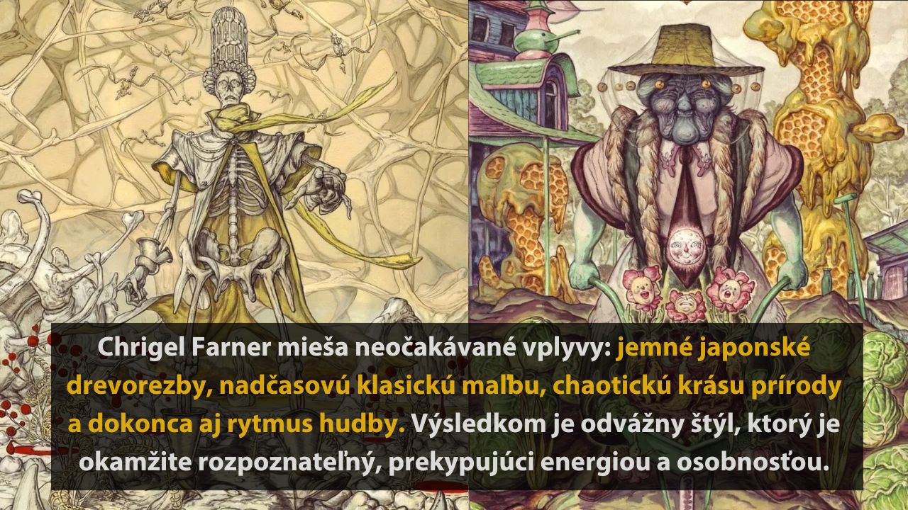 Ilustrácia mixujúca japonské drevorezby a surrealistické prvky v energickom štýle.