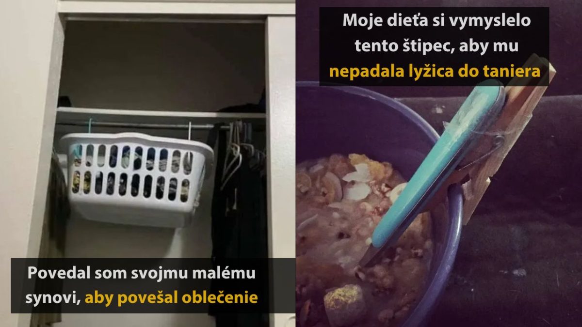 Kreatívne použitie koša a štipca deťmi: kôš zavesený do skrine, štipec na fixáciu lyžice v miske.