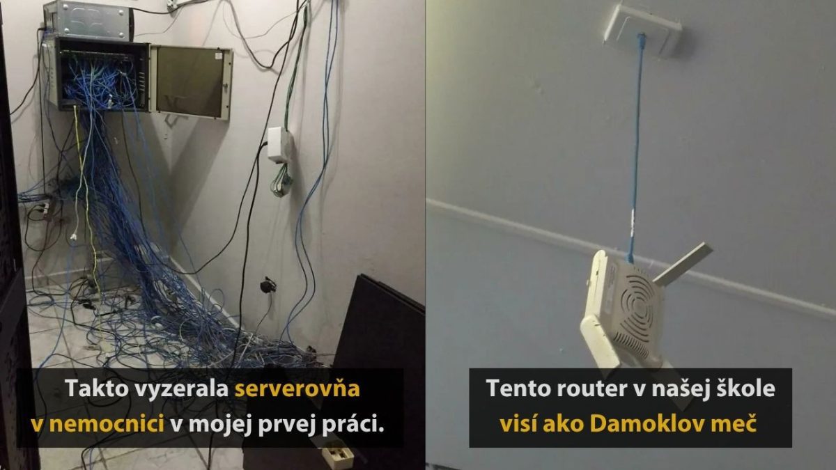 Chaotická serverovňa s káblami a zavesený router na strope v škole, pripomínajúci Damoklov meč.