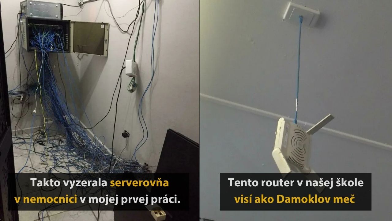 Chaotická serverovňa s káblami a zavesený router na strope v škole, pripomínajúci Damoklov meč.