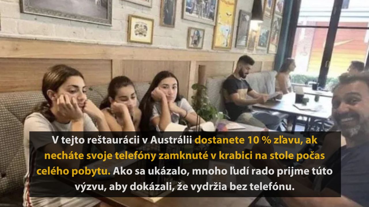 Skupina ľudí v reštaurácii bez telefónov pre 10% zľavu, ponorení do rozhovoru a priateľskej atmosféry.