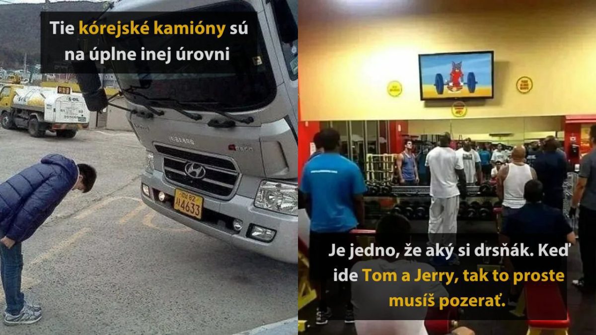 Muž sa klania kamiónu Hyundai, ľudia v posilňovni sledujú kresleného Toma a Jerryho na obrazovke.