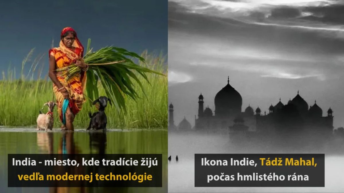 Žena v tradičnom odeve s kozami v Indii, vedľa ikona Tádž Mahal v hmle.