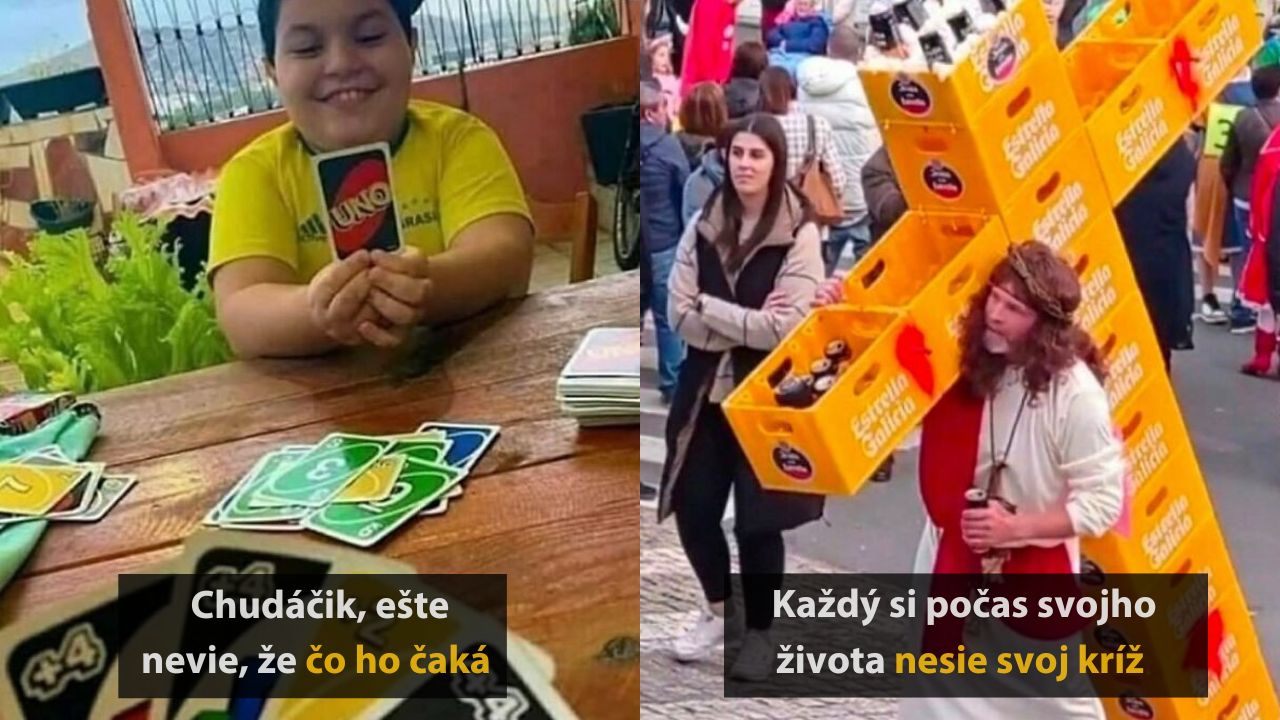 Chlapec hrá karty UNO, zatiaľ čo muž nesie kríž z prepraviek piva. Porovnanie detskej nevinnosti a dospelých problémov.