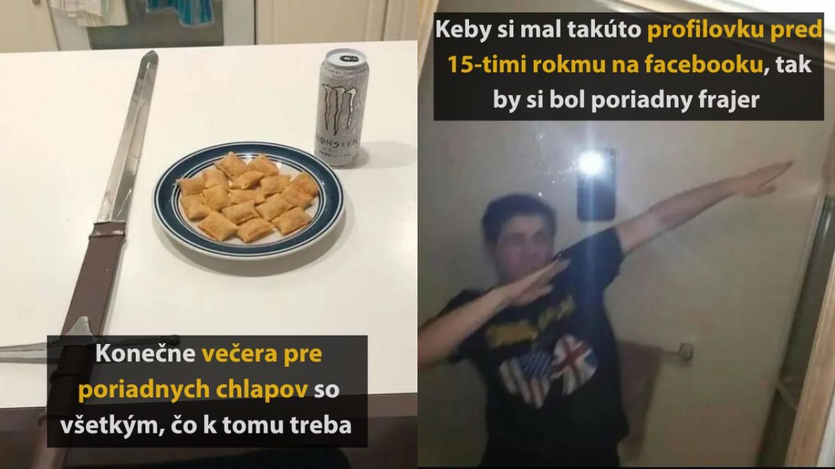 Tanier s jedlom a plechovkou energetického nápoja vedľa meča; vtipná scéna s osobou pózujúcou pred zrkadlom.