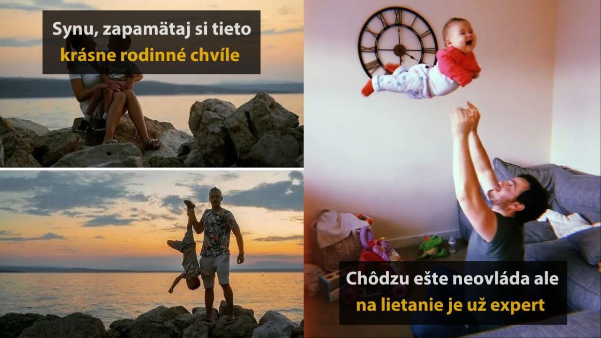 Rodinné chvíle: otec s dieťaťom na pláži pri západe slnka a doma, kde dieťa smeje pri hrách.