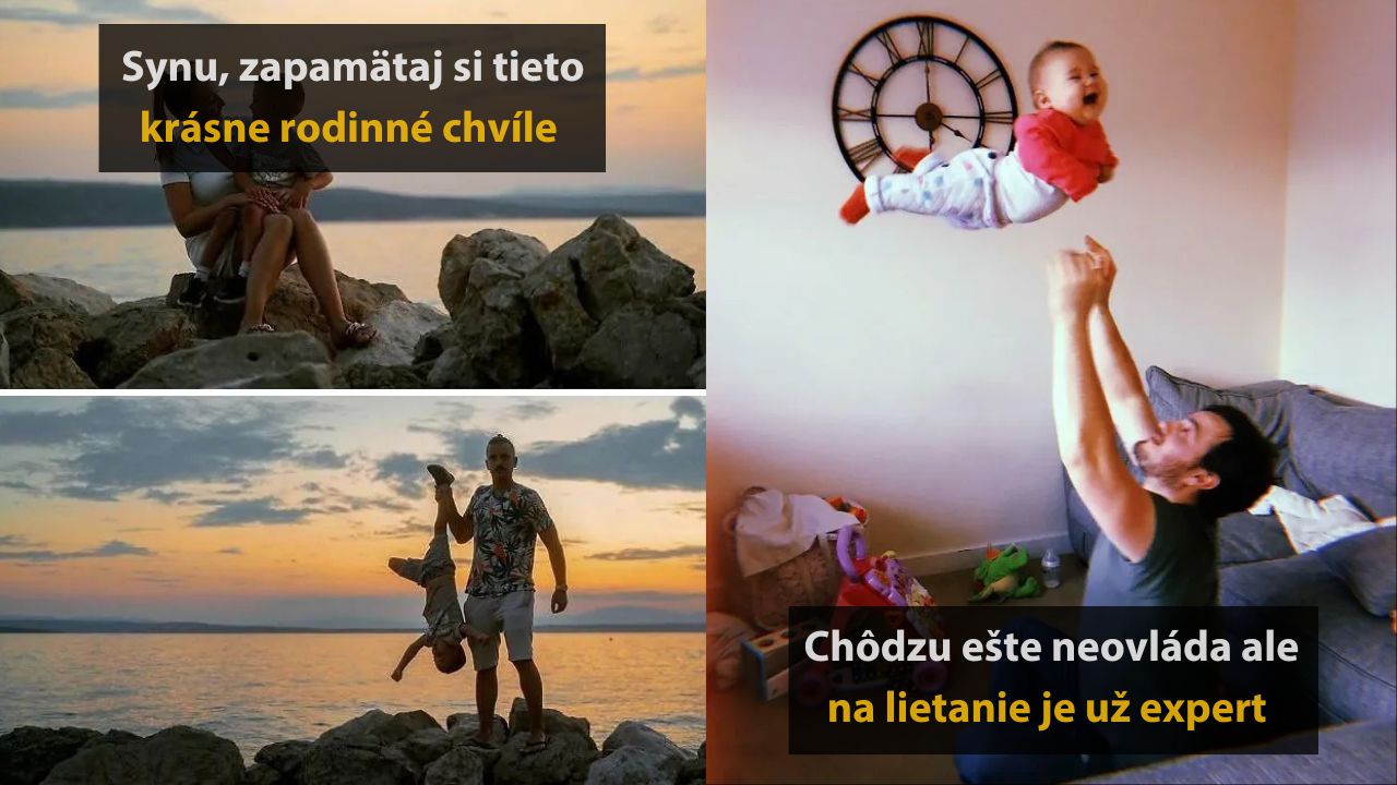 Rodinné chvíle: otec s dieťaťom na pláži pri západe slnka a doma, kde dieťa smeje pri hrách.