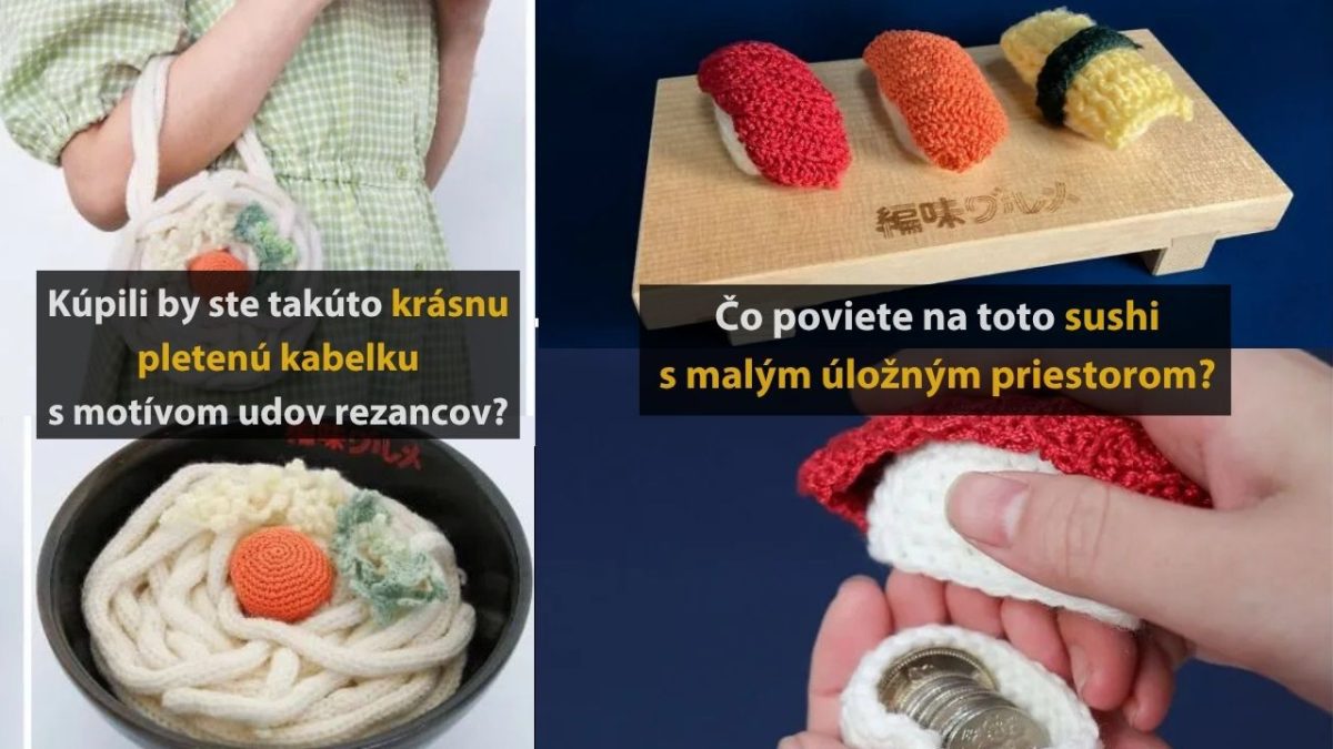 Pletená kabelka s motívom rezancov a úložné sushi—kreatívne doplnky pre milovníkov jedinečných a vtipných štýlov.