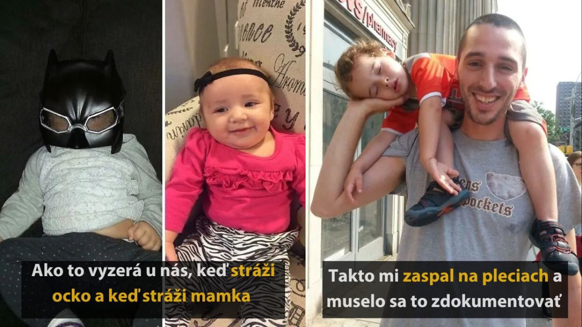 Dieťa v Batman maske, usmiate bábätko a chlapec spí na pleciach smejúceho sa muža vonku.