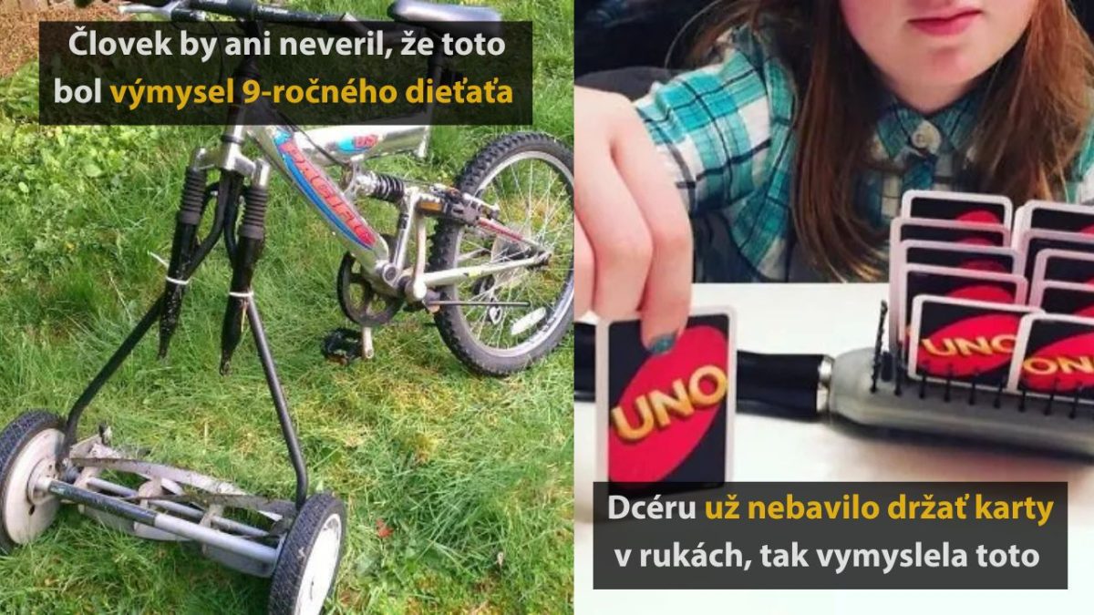 Bicykel s kosačkou a štetcom ako držiakom na karty UNO, vynálezy kreatívnych detí.
