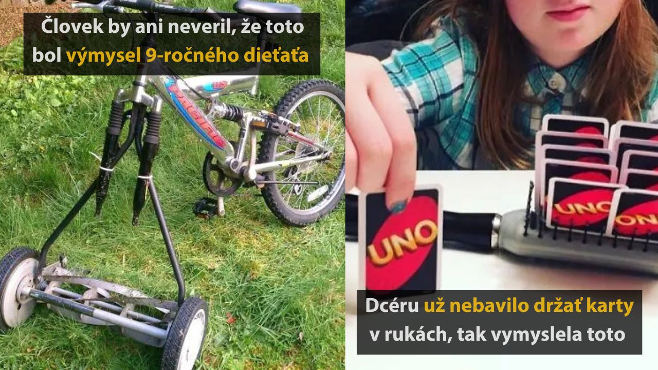 Bicykel s kosačkou a štetcom ako držiakom na karty UNO, vynálezy kreatívnych detí.