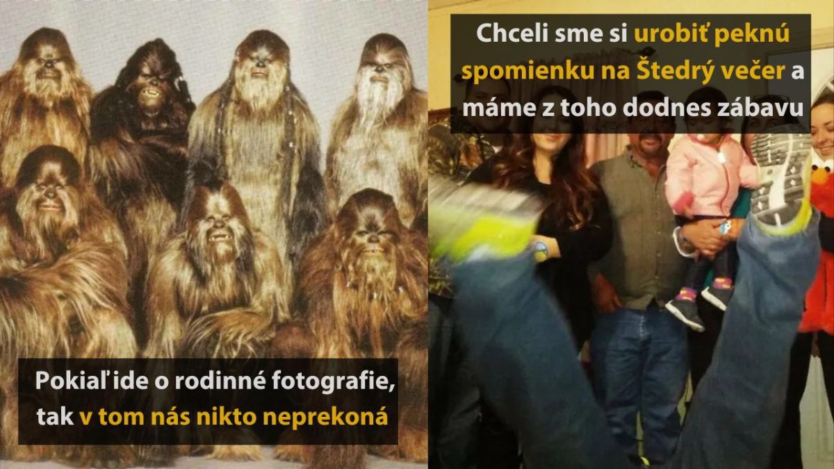 Rodinná fotografia s Chewbaccami na ľavej strane a usmiatou rodinou na pravej strane s humornými textami.