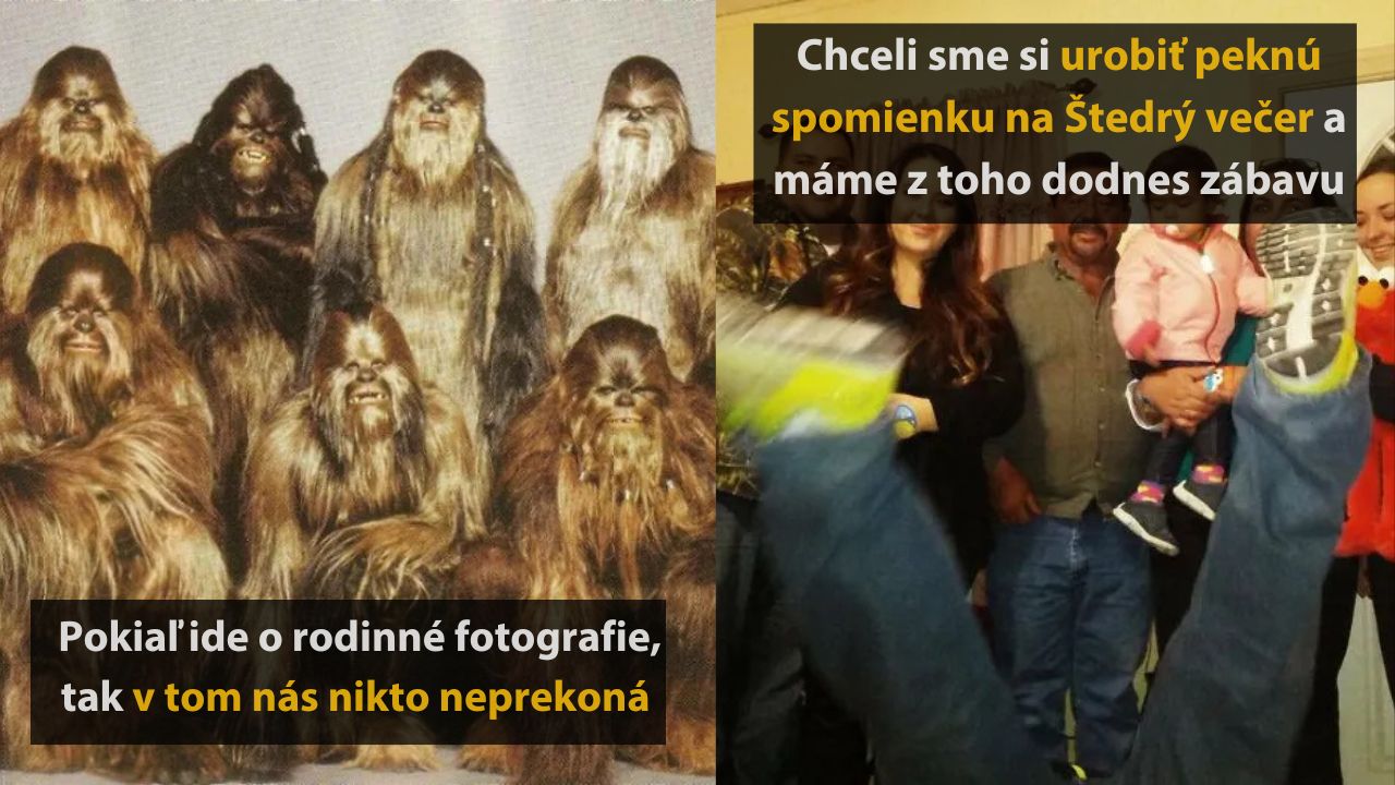 Rodinná fotografia s Chewbaccami na ľavej strane a usmiatou rodinou na pravej strane s humornými textami.