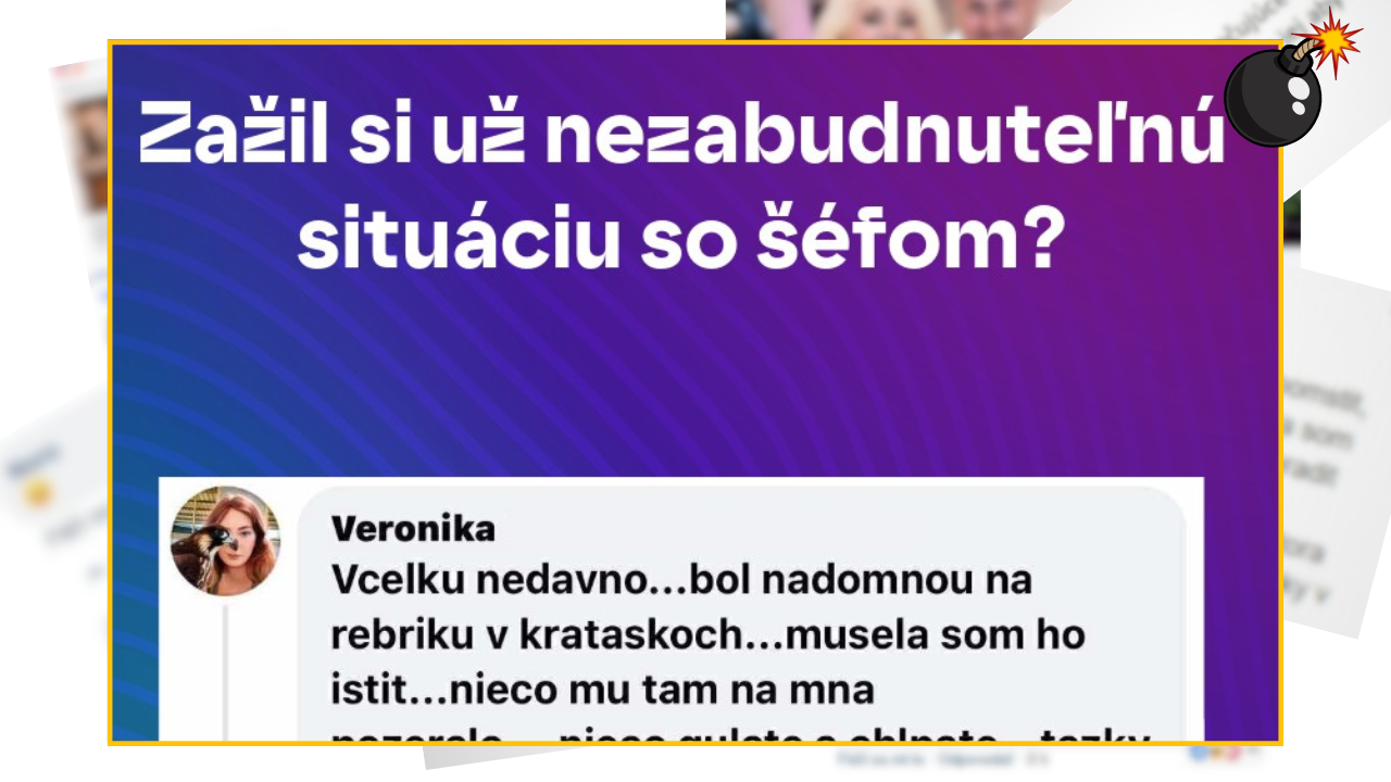 Text na farebnom pozadí: Zažil si už nezabudnuteľnú situáciu so šéfom? Komentár používateľa pod otázkou.