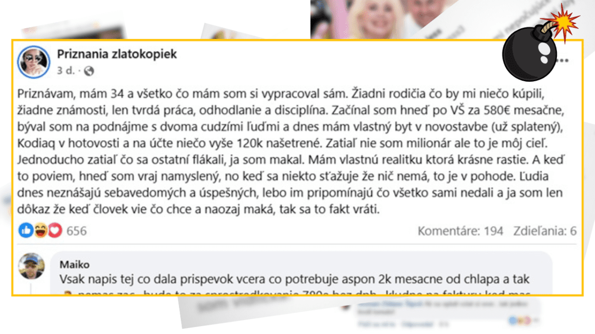 Príspevok z Facebooku o sebadisciplíne a úspechu z osobnej tvrdej práce bez podpory rodičov alebo známostí.