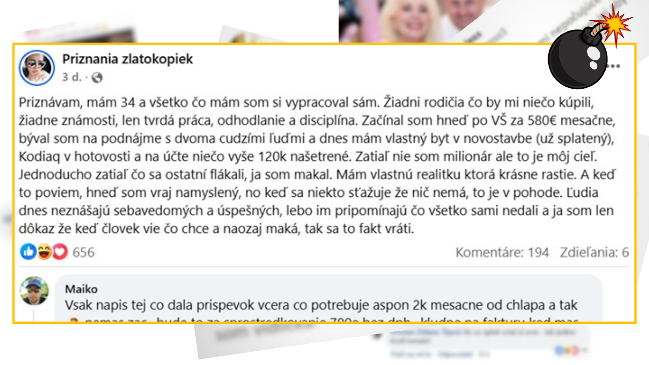 Príspevok z Facebooku o sebadisciplíne a úspechu z osobnej tvrdej práce bez podpory rodičov alebo známostí.