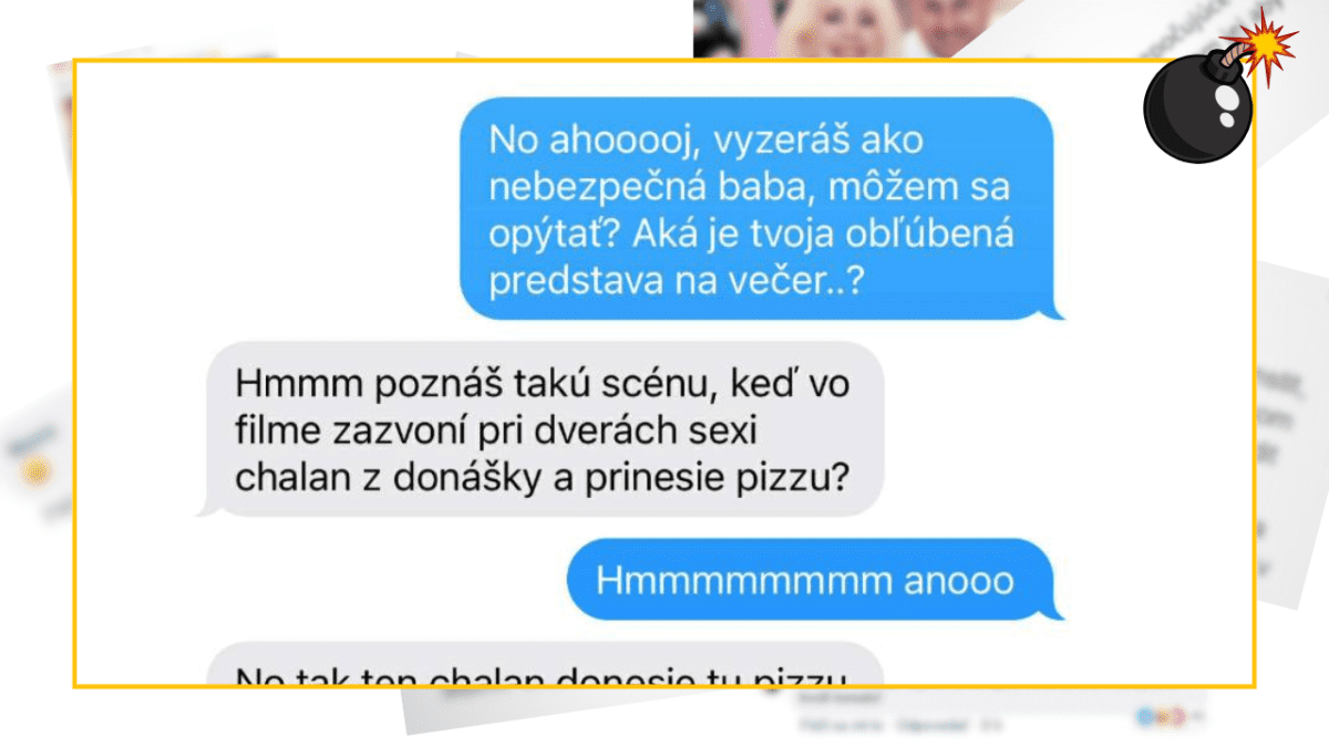 Vtipná textová konverzácia o romantickej filmovej scéne s donáškou pizze.