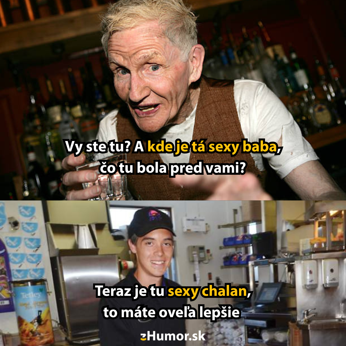 Starší muž vtipkuje o mladšom mužovi za barom, čo je lepšie než predchádzajúca čašníčka.