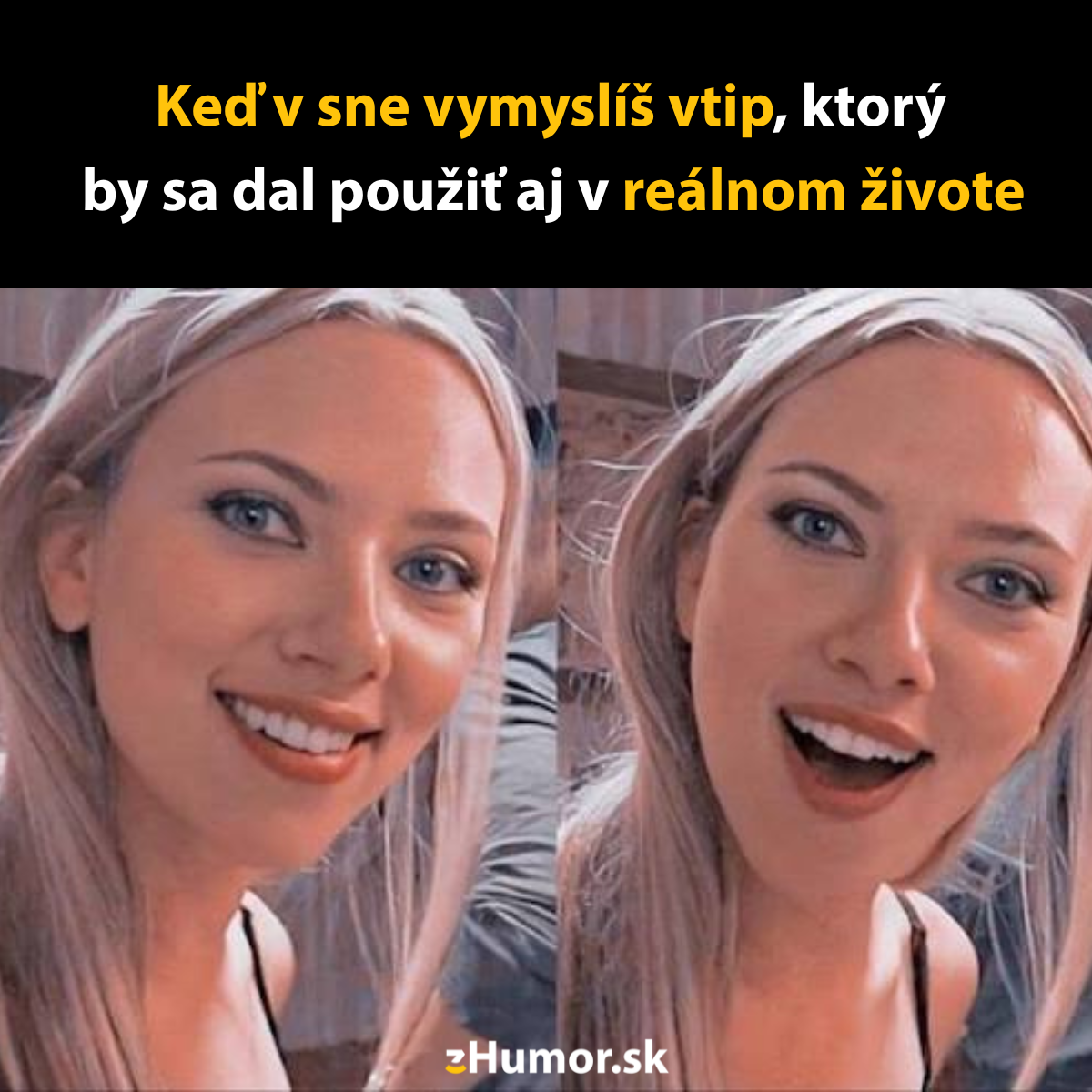 Usmievavá žena prekvapená vtipom, ktorý si vymyslela v sne a môže ho použiť aj v reálnom živote.