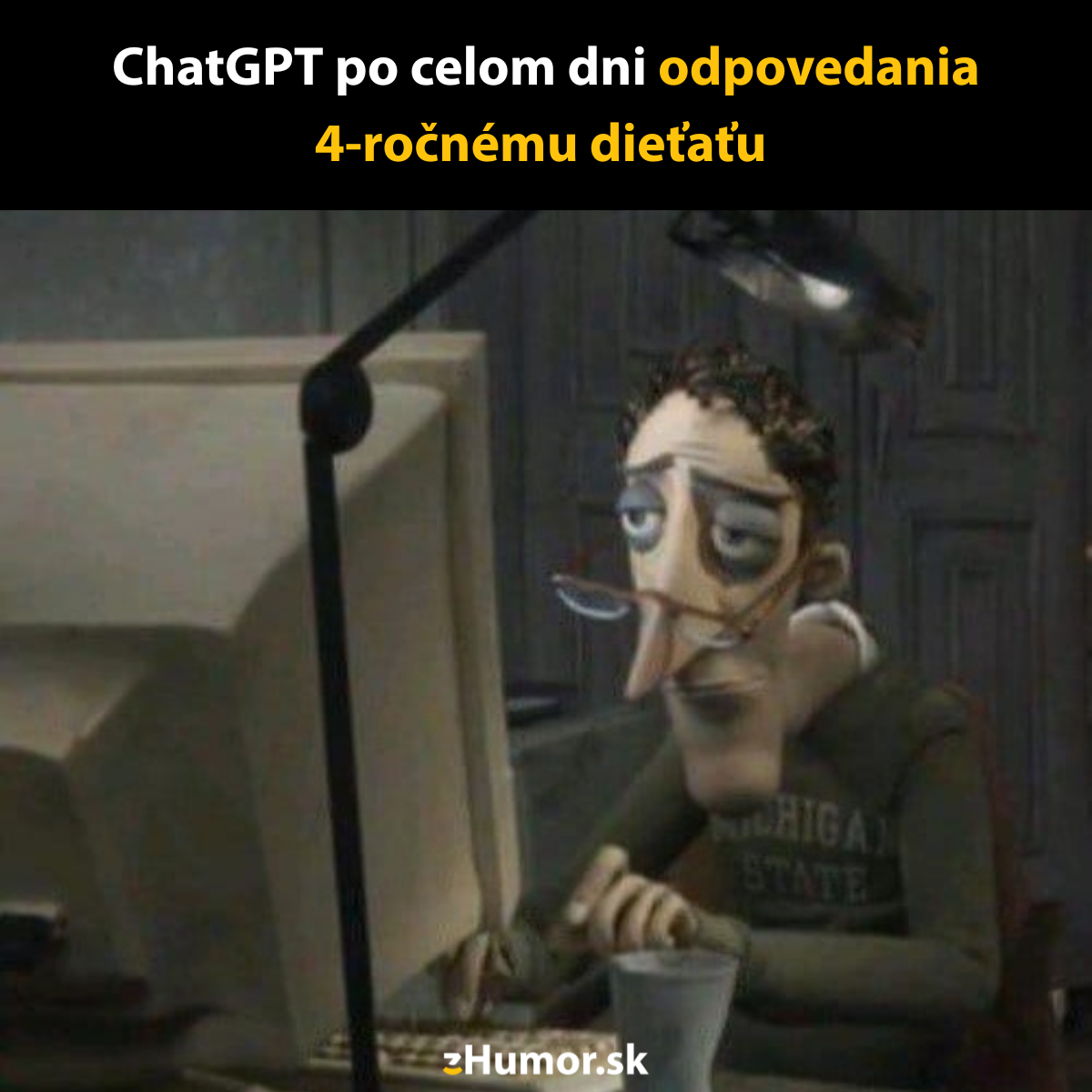 Obrázok unaveného muža pri počítači s textom o ChatGPT po odpovedaní 4-ročnému dieťaťu.