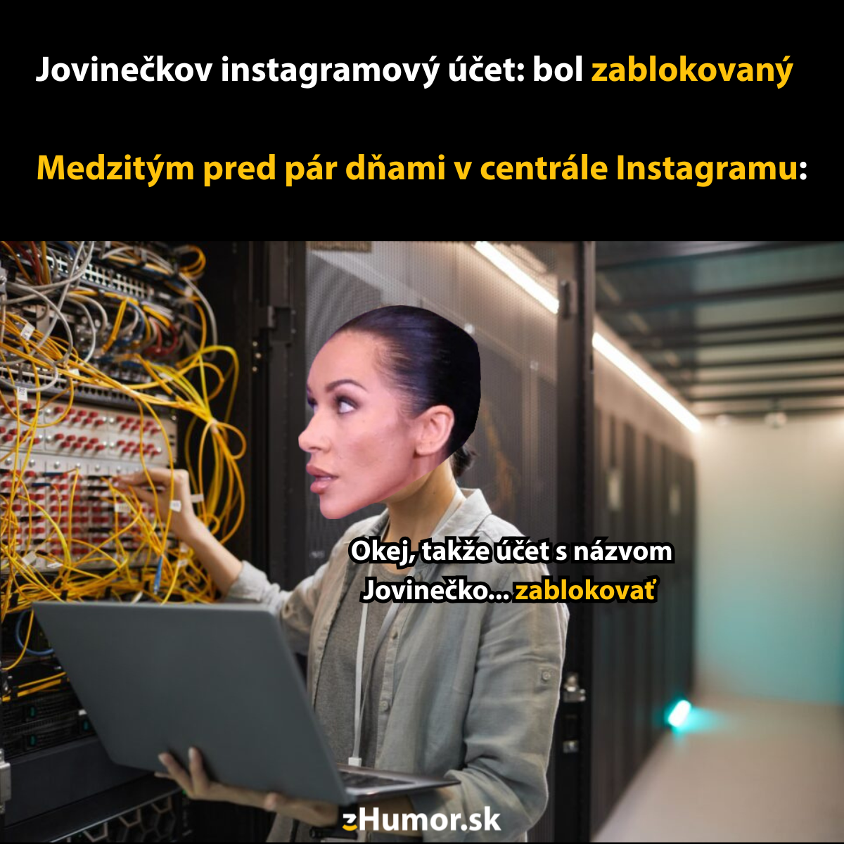 Žena s laptopom a vtipne upravenou tvárou stojí pred servermi, rozhoduje o zablokovaní Instagram účtu.