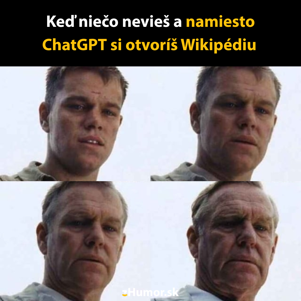 Muž starne pri čítaní Wikipédie namiesto použitia ChatGPT, humorný meme o vyhľadávaní informácií online.