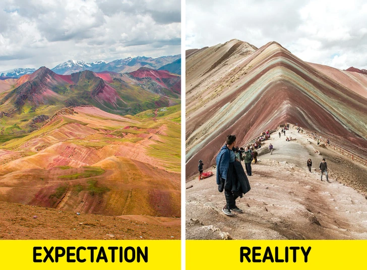 Očakávanie vs. realita: farebné hory bez turistov a s turistami, ilustrujúce rozdiel medzi ideálom a skutočnosťou.