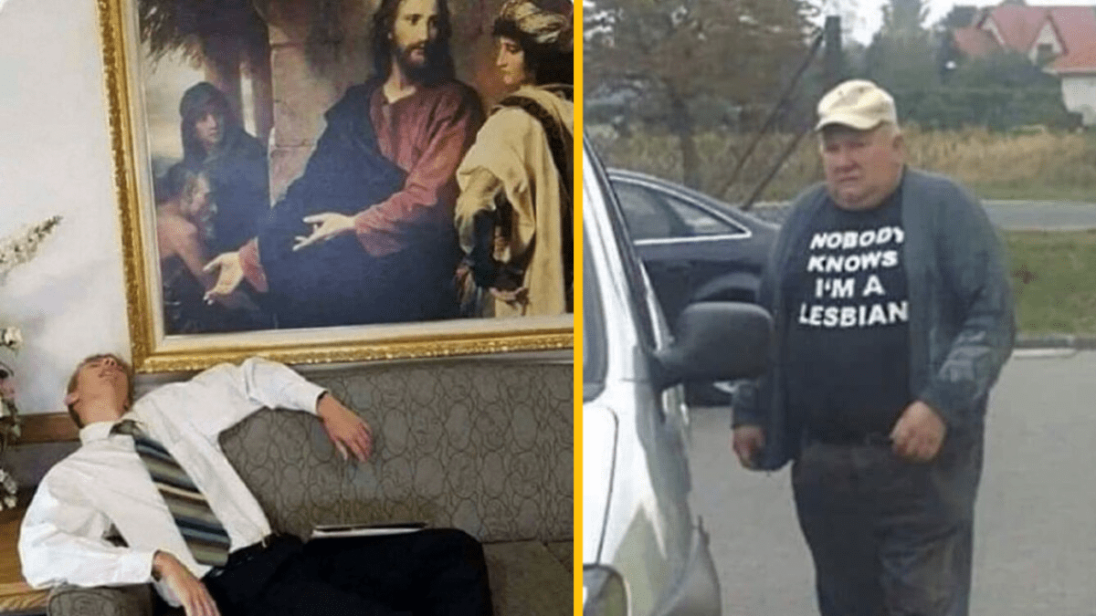 Osoba spí pred obrazom, na ktorom sa Ježiš s gestom otáča. Muž pri aute má tričko s vtipným nápisom.