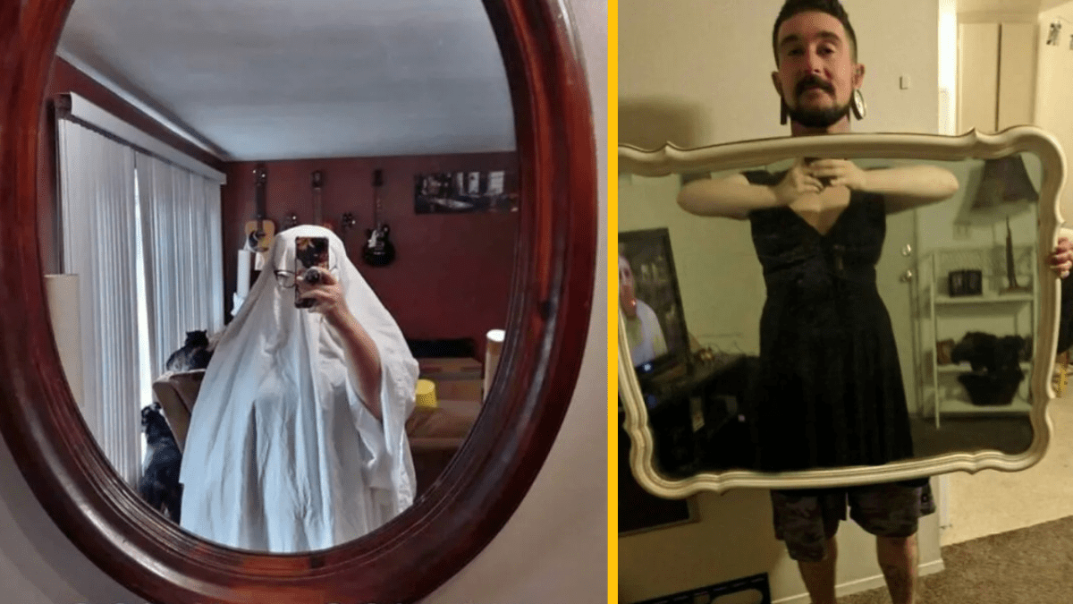 Dva vtipné odrazy: duch v zrkadle a muž s ilúziou ženského tela pomocou zrkadla.