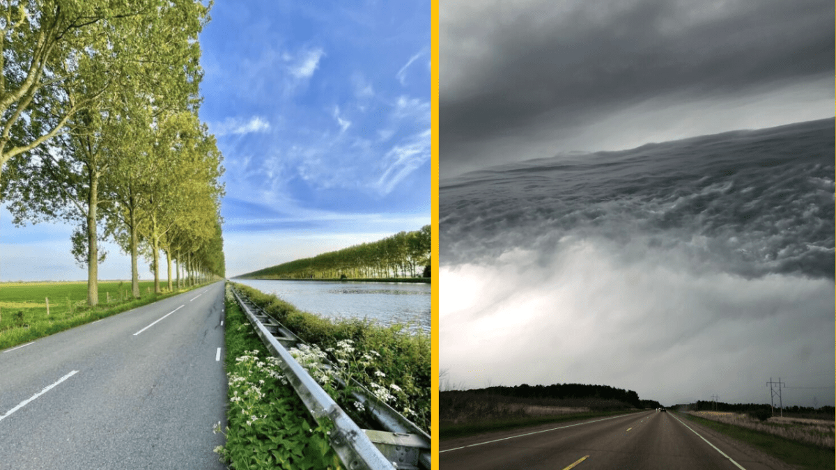 Cesta obklopená stromami za jasného dňa vedľa dramatického neba pred búrkou.