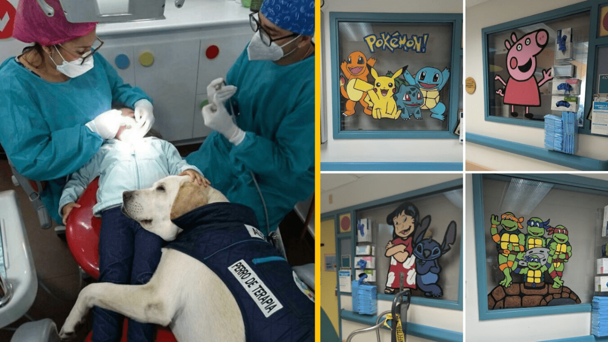 Dieťa u zubára s terapiou psíka, dekorácie s obľúbenými detskými postavami na stene ordinácie.