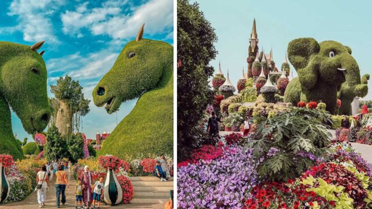 Obrovské záhradné sochy v tvare koní a slona obklopené množstvom farebných kvetov v parku.