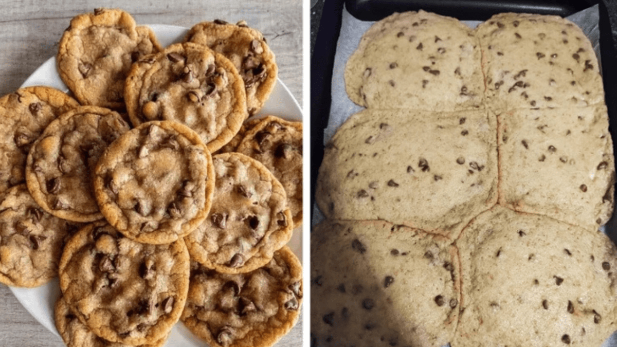 Dva spôsoby pečenia čokoládových sušienok: klasický tvar na tanieri a zliate do jedného kusa na plechu.